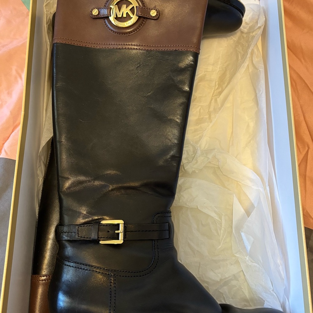 Michael Kors Black and Brown Boots with Gold Accents